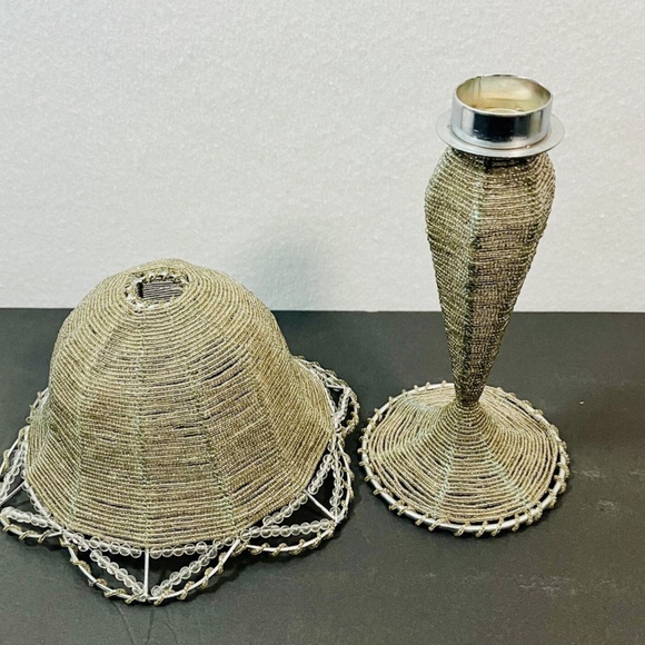 Beaded Tea Light Candle Holder Lamp and Shade Champagne Color Beads EUC - Picture 4 of 7